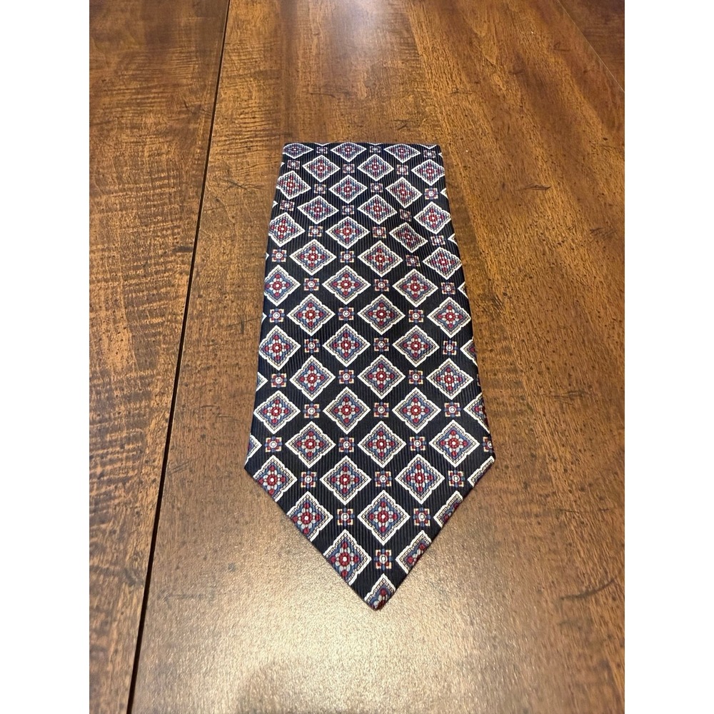 Mark Alexander Men's 100% Silk Tie Navy Red White Geometric Made in USA